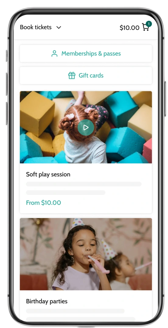 Beyonk's Indoor playground booking system on mobile. Memberships, gift cards and sessions can be bought here.